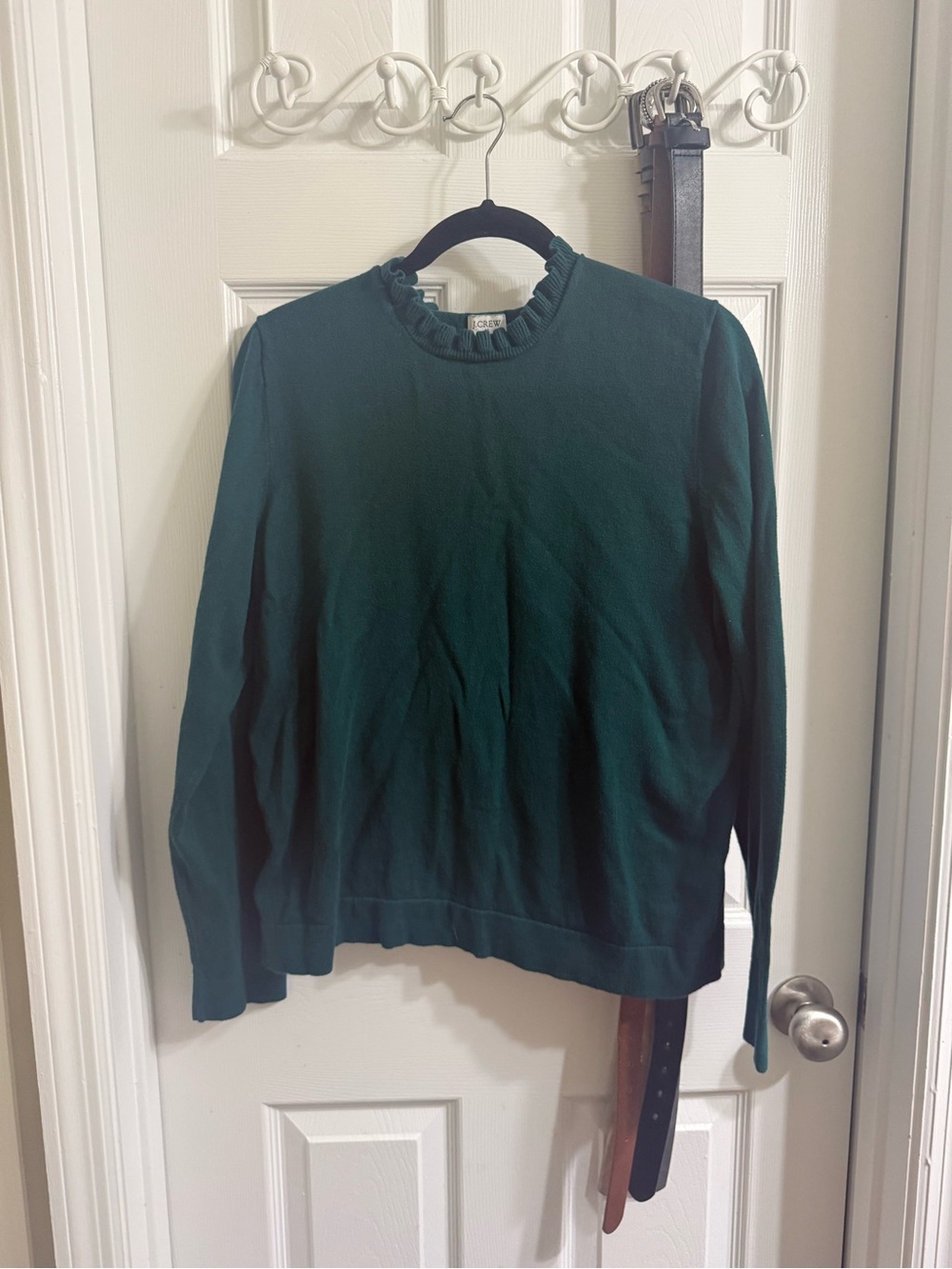 J. Crew Dark Green Ruffled Neck Sweater